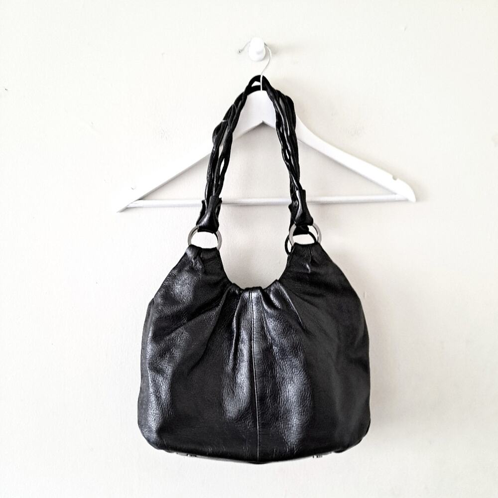Elliott Lucca Black Leather Double Strap Medium Purse / Bag with Zip & Snap Lock